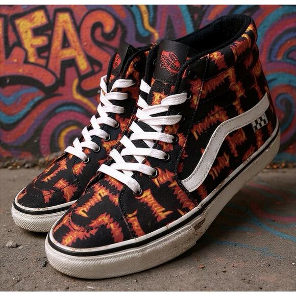 Vans Other - Thrasher x Vans Skate SB Sk8-Hi Rare Thrasher Flames Logo Mens Size 8.5 NEW